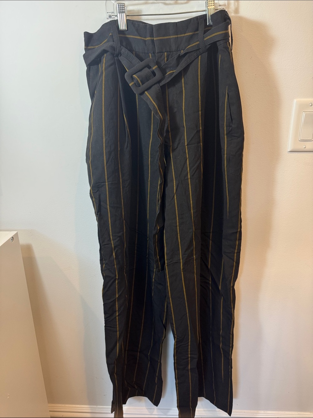 Vince Black Wide-Leg Pants with Gold Pinstripes and Belt Detail